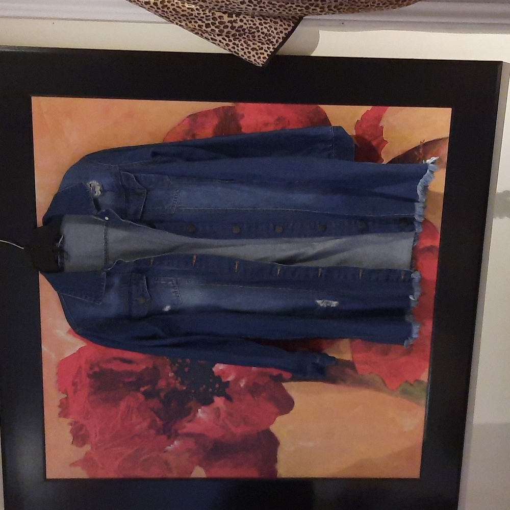 New Sexy DISTRESSED WOMEN'S BLUE JEAN JACKET Duster SIZE SMALL